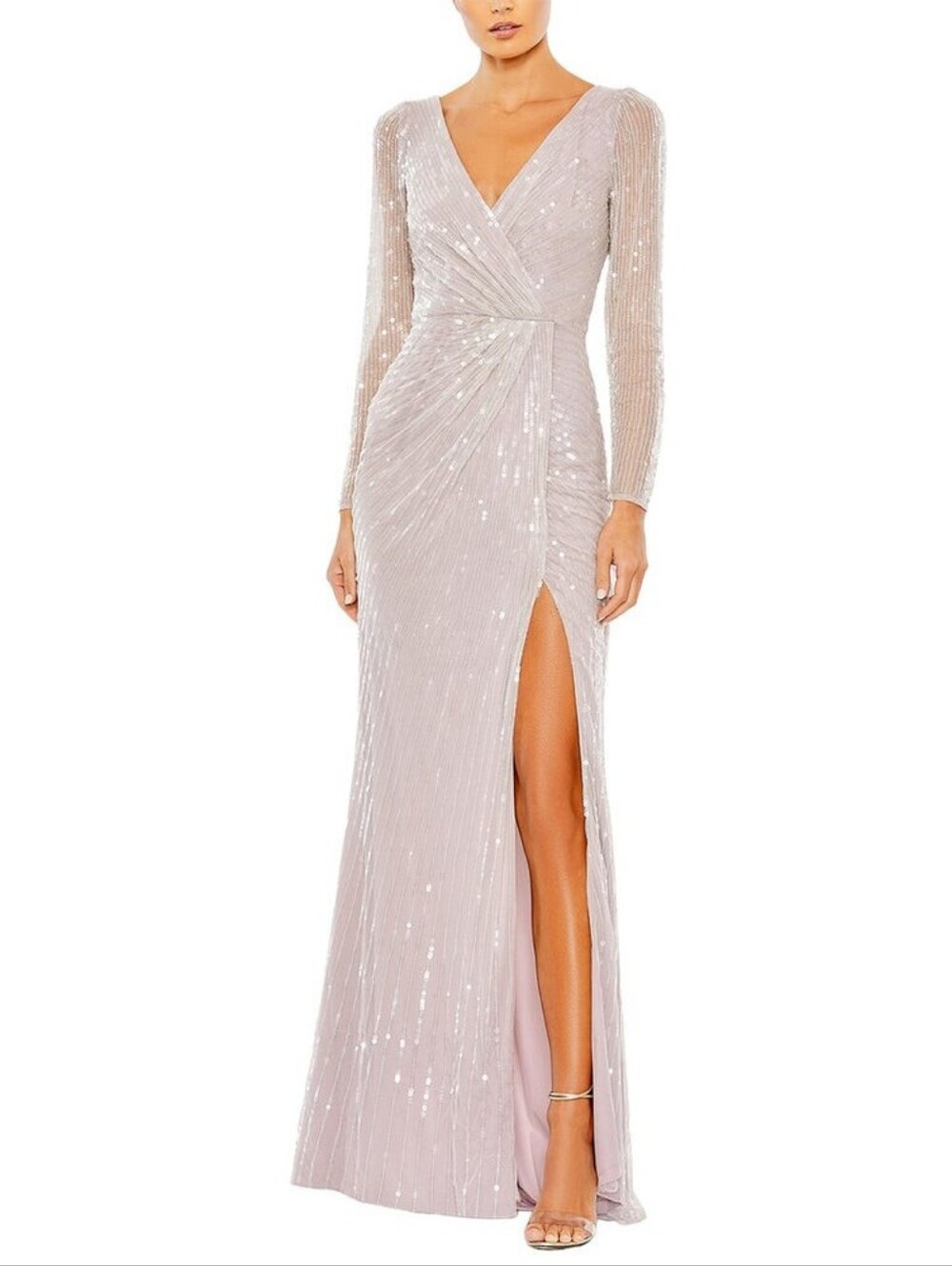 NWT MAC DUGGAL | $598 Sequined Faux Wrap Long Sleeve Gown